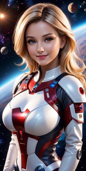 Upper body,4k,best quality,masterpiece,1 American girl, a girl,blond hair, A photography of jewelry , (ancient space theme), 1 girl, attractive, knee top view, unbuttoned, large breasts, white space suit:1.1 with a bit of red, inside spaceship:1.1, cleavage:1.1, looking at viewer, better_hands, better detailed face, long pants,smile,(oil shiny skin:1.0), (big_boobs:1.5), willowy, chiseled, (hunky:2.6),(( body rotation 120 degree)), (perfect anatomy, prefecthand, dress, long fingers, 4 fingers, 1 thumb), 9 head body lenth, dynamic sexy pose, breast apart, (artistic pose of awoman),(PnMakeEnh),xxmix_girl, 