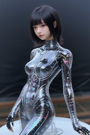 high quality, 8K Ultra HD, full body, have a cyber saber, a mesmerizing 30-year-old woman with a futuristic beauty that seems to transcend time and space, gigantic breast, intricately woven into her very being, 9 head length body, encased in the cybernetic suit, move with fluidity and precision, Her flowing hair resembles streams of neon lights, casting a vibrant glow that adds a touch of cyberpunk brilliance to her appearance, (subsurface scatter, transparent, translucent skin, glow, blood neurons in bioluminescent full body suit: 1.5,),  Each strand of hair is meticulously crafted with holographic patterns that shimmer and shift, creating an ever-changing display of colors, destroy cyber bunk world backgrounds,by yukisakura, highly detailed, ,Glass Elements,(Transperent Parts),cleavage cutout,(shiny oil skin:1.1),curved body,dynamic sexy pose,sexy body,Clear Glass Skin,TechStreetwear,photo r3al,hdsrmr,cyborg style,cyborg,SteelHeartQuiron character,inst4 style,Wonder of Beauty,Slender body