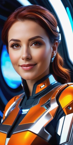 Upper body,realistic photo, ((Masterpiece)), ((Best Quality)), ((Extremely Detailed)), ((photo)) , detailed brown eyes, huge earrings, short wavy dark red hair, 1 girl, ((night)), happy warmth friendly expression, sitting, More Detail, (((background futuristic spaceship galaxy))), mature charming girl, detailed texture clothing, (((sexy)))(((medium breast))), sit on floor, (((futuristic orange tactical suit special operation agent))), crop top
, smile,(oil shiny skin:1.0), (big_boobs:2.0), willowy, chiseled, (hunky:2.6),(( body rotation 120 degree)), (upper body:2),(perfect anatomy, prefecthand, dress, long fingers, 4 fingers, 1 thumb), 9 head body lenth, dynamic sexy pose, breast apart, (artistic pose of awoman),DonMFr0stP4nkXL,ice,chrometech
