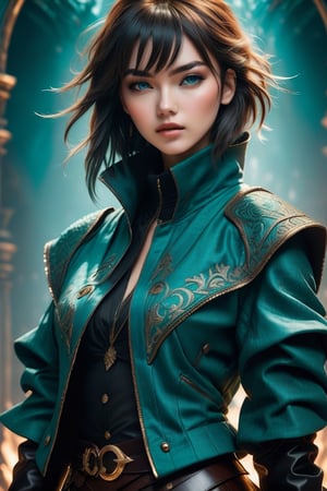 An award-winning closeup photo of a female model wearing a baggy teal distressed medieval cloth womenswear jacket by alexander mcqueen, 4 k, studio lighting, wide angle lens,DonMCyb3rN3cr0XL 