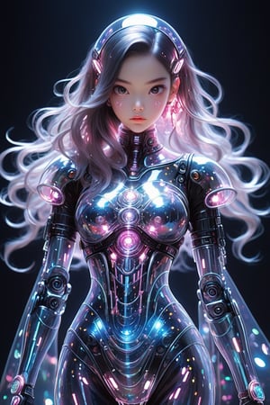 high quality, 8K Ultra HD, cowboy shot, (from below:1.3)have a cyber saber, a mesmerizing 30-year-old woman with a futuristic beauty that seems to transcend time and space, gigantic breast, intricately woven into her very being, 9 head length body,(inner body( cpu,mother board,electric line,chipsets connector,led,power)),encased in the cybernetic suit, move with fluidity and precision, Her flowing hair resembles streams of neon lights, casting a vibrant glow that adds a touch of cyberpunk brilliance to her appearance, (subsurface scatter, transparent, translucent skin, glow, blood neurons in bioluminescent full body suit: 1.8,),  Each strand of hair is meticulously crafted with holographic patterns that shimmer and shift, creating an ever-changing display of colors, destroy cyber bunk world backgrounds,by yukisakura, highly detailed, ,Glass Elements,(Transperent Parts),cleavage cutout,(shiny oil skin:0.9),curved body,dynamic sexy pose,sexy body,Clear Glass Skin,TechStreetwear,photo r3al,hdsrmr,cyborg style,cyborg,SteelHeartQuiron character,inst4 style,Wonder of Beauty,Slender body,korean girl,cyberpunk style