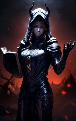 demon, face is shrouded in darkness, with glowing eyes, genderless, ((holding a huge book)), very long fingers, ornate hooded cloak, palace, only1 image, disturbing, perfect anatomy,  perfect proportions,  perfect perspective,  8k,  HQ,  (best quality:1.5,  hyperrealistic:1.5,  photorealistic:1.4,  madly detailed CG unity 8k wallpaper:1.5,  masterpiece:1.3,  madly detailed photo:1.2),raw photo, sharp re, lens rich colors hyper realistic lifelike texture dramatic lighting unrealengine trending, ultra sharp, pictorial technique, (sharpness, definition and photographic precision), (contrast, depth and harmonious light details), (features, proportions, colors and textures at their highest degree of realism), (blur background, clean and uncluttered visual aesthetics, sense of depth and dimension, professional and polished look of the image),DonMD3m0nV31ns
