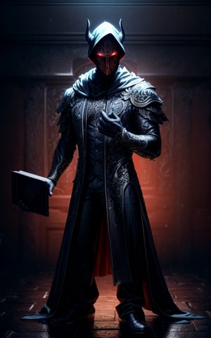 demon, male body shape, face is shrouded in darkness, with glowing eyes, genderless, ((holding a huge book)), very long fingers, ornate hooded cloak, palace, only1 image, disturbing, perfect anatomy,  perfect proportions,  perfect perspective,  8k,  HQ,  (best quality:1.5,  hyperrealistic:1.5,  photorealistic:1.4,  madly detailed CG unity 8k wallpaper:1.5,  masterpiece:1.3,  madly detailed photo:1.2),raw photo, sharp re, lens rich colors hyper realistic lifelike texture dramatic lighting unrealengine trending, ultra sharp, pictorial technique, (sharpness, definition and photographic precision), (contrast, depth and harmonious light details), (features, proportions, colors and textures at their highest degree of realism), (blur background, clean and uncluttered visual aesthetics, sense of depth and dimension, professional and polished look of the image),DonMD3m0nV31ns