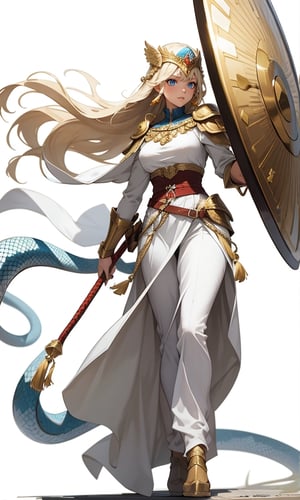 masterpiece, (best quality: 1.5), [(white background: 1.15)], (1 woman), blonde long hair,radiant blue eyes, braids, Roman helmet, (golden shield with snake pattern), wind, beauty, white clothes , tassel, daytime, white owl, Parthenon, full body,