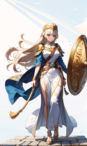 masterpiece, (best quality: 1.5), [(white background: 1.15)], (1 woman), blonde long hair,radiant blue eyes, braids, Roman helmet, (golden shield with snake pattern), wind, beauty, white clothes , tassel, daytime, (white owl flying beside), Parthenon in background, full body,