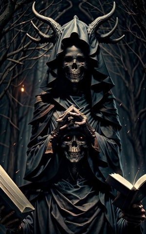 Demon, face is shrouded in darkness, with only glowing eyes, genderless, ((holding a huge book)), ornate hooded cloak, palace, only1 image,  perfect anatomy,  perfect proportions,  perfect perspective,  8k,  HQ,  (best quality:1.5,  hyperrealistic:1.5,  photorealistic:1.4,  madly detailed CG unity 8k wallpaper:1.5,  masterpiece:1.3,  madly detailed photo:1.2),fantasy00d,horror (theme)