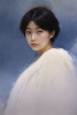 ((sorrow, sad expression)), (painted in warm color only),  (masterpiece),(1 Hirosue Ryoko, black hair,closed mouth) ,looking at nowhere, dim light, muted color, (ultra detailed background of a completely snowy white), harmonious composition, epic art work, extremely long shot, A traditional Japanese art