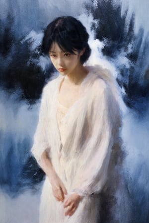 ((sorrow, sad expression)), (masterpiece),(1 elegant beautiful Asian little girl, black hair,closed mouth) ,looking at nowhere, dim light, muted color, (ultra detailed background of a completely snowy white), harmonious composition, epic art work, extremely long shot