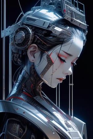 Molten filigree, techno-futuristic, full body, A sorrowful android geisha, tears streaming down her cheeks,mechanical heart, capturing every intricate detail of her artificial anguish. Delicate wires peek through her synthetic skin, conveying a profound sense of longing and loss. highlighting the juxtaposition of her robotic nature and deep human sorrow. Cyberpunk geisha