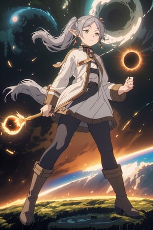 masterpiece , full body, (dynamic pose), (slightly smiling with closed mouth), ( frieren, green eyes, grey hair, parted bangs, long hair, twintails, pointy ears, dangle earrings, black pantyhose, brown boots ),(anti-gravity in the air), ((holding a small black hole)), frieren, forests 