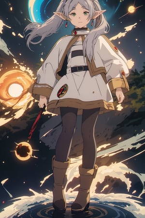 masterpiece , full body, (slightly smiling with closed mouth), ( frieren, green eyes, grey hair, parted bangs, long hair, twintails, pointy ears, dangle earrings, black pantyhose, brown boots ),(anti-gravity in the air), ((holding a small black hole)), frieren, forests 