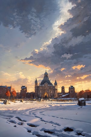 (sorrow, sad, autumn) dim light, muted color, Dutch angle, (ultra detailed background of a completely snowy white, ancient buildings), harmonious composition, epic art work, extremely long shot, view, landscape,