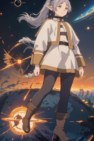 masterpiece , full body, (slightly smiling with closed mouth), ( frieren, green eyes, grey hair, parted bangs, long hair, twintails, pointy ears, dangle earrings, black pantyhose, brown boots ),(anti-gravity in the air), ((holding a small black hole)), frieren, forests 