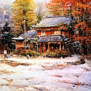 ((autumn, snowing)) dim light, muted color, Dutch angle, (ultra detailed background of a completely white, ancient Japanese buildings), harmonious composition, epic art work, extremely long shot, view, landscape,