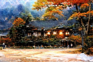 (sorrow, sad, autumn) dim light, muted color, Dutch angle, (ultra detailed background of a completely snowy white, ancient Japanese buildings), harmonious composition, epic art work, extremely long shot, view, landscape,