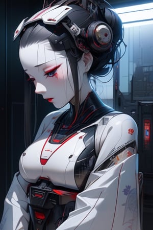 masterpiece, techno-futuristic, A sorrowful android geisha, tears streaming down, (mechanical bodyparts, kimono) , detailed artificial anguish. Delicate wires peek through her synthetic skin, ultra detailed background of cyberpunk interior. Cyberpunk geisha