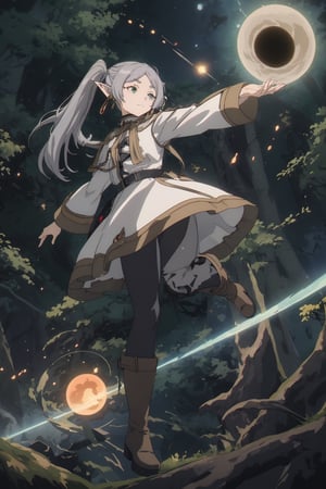 masterpiece , (dynamic pose), (slightly smiling with closed mouth), ( frieren, green eyes, grey hair, parted bangs, long hair, twintails, pointy ears, dangle earrings, black pantyhose, brown boots ),(anti-gravity in the air), (holding a small black hole), frieren, (background of a magical forests)