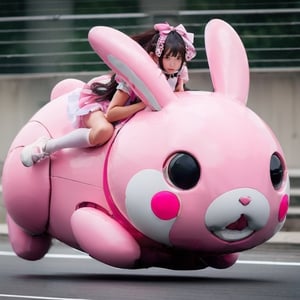 1girl, solo, long hair, looking at viewer, bangs, brown hair, dress, bow, full body, short sleeves, hair bow, frills, shoes, socks, kneehighs, cosplay, pink dress, riding on a pink rabbit robot, realistic, riding, milf,Rabbit ear
