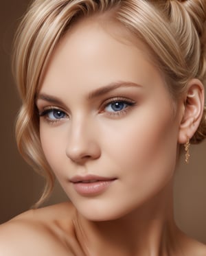 beauty shot, russian Irina, woman 35 years old, blond, tight bun, beige backdrop, strong beauty pose, clear eyes, glamorous eye makeup, rouge, beauty dish
