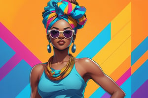 A full body view of African woman in print head wrap, wearing sunglass, cultural dance, fortnite style, vibrant colors, pencil sketch, vector illustration, 2D, Studio Ghibli style, art by Hiroshi Saitō, bold drawing lines, detailed masterpiece, high-quality 8K resolution, trending on ArtStation.