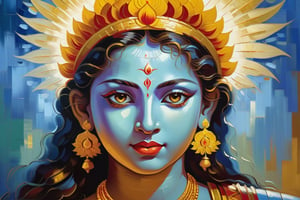 A beautiful portrait of goddess devi durga, impressionistic oil painting, The countenance of Devi Durga, depicted on the canvas glows partly with the light of the sun, highlighting her lotus eyes, fine facial features and a Sindoor smeared forehead,  bright colors, fuzzy brush strokes, beautiful lighting and atmosphere, Van Gogh style, ultra high-quality, masterpiece, trending on ArtStation, art by Vincent Van Gogh, 8k resolution, atmospheric, fine details, emotional depth,oil paint