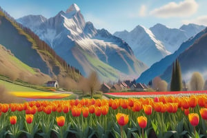 Realistic impressionist painting of a beautiful mountain landscape, surrounded by tulips on an early spring morning. High detail, impressionist style, realistic lighting, artstation, cinematic, character design by Claude Monet and Vincent van Gogh, 8k resolution, masterpiece, trending on ArtStation.