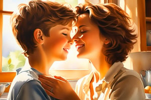Expressive oil painting of a brown haired boy getting lovingly hugged by his mother, tear in the boy's face, dynamic brushstrokes, confident strokes, deep strong tight hug; emotional protrayal of the heart and soul, beautiful kitchen, sun beams through the large glass windows, detailed water color art, sunny day, cinematic lighting, intricate details, 8k,oil paint