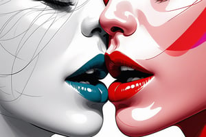 Messy art line sketch of a messy lip kissing mode,  illustration style, white background, characterized by extremely simplified shapes, exaggerated features, bright colors, and espressive lines, abstract and minimalist. High-Quality, high resolution, intricated detail, 8K, UHD, HDR.