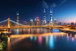 Urban city skyline at night view with stunning bridge and river, ultra hyper realistic, ultra hyper detailed, high-quality, 8K resolution, HDR, masterpiece, trending on ArtStation, cinematic lighting, vibrant colors.