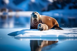 A long shot of beautiful mother and a cute baby Walrus posing on a frozen body of water, surrounded by ice and snow. The walrus appears to be looking towards the camera. The backgound is a bright blue, suggesting that the photo was taken during the day, day lighting, hyper realistic, detailed, high resolution, masterpiece, award wining photograph, trending on ArtStation, 8K, UHD, HDR.