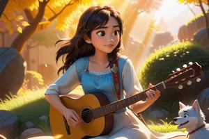 3D Anime beautiful girl playing guitar in a stylish outfit, flowing top, with sunlight streaming in Miyazaki style, a dog listening to the music, beautiful location, detailed shading and lighting by artists inspired by Hayao Miyazaki and Studio Ghibli, artstation trend, digital painting, cinematic, character design. High-quality, hyper detailed, resolution: 4k.,disney style
