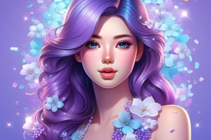 Pretty Colorful Woman surrounded by a purple and blue Pastel mixed color theme, high detail, illustration, centered, 4k resolution, isolated on a white background, jasmine & mark catsby style, sparkles, kawaii style, best quality, masterpieice, trending on ArtStation, photo r3al,Extremely Realistic,more detail XL