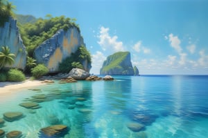 Tropical Seascape volumetric oil painting with clear blue waters and limestone cliffs south east asia landscape on a calm day in mint blue, soft, sunny, and gentle, in the style of impressionist painter Childe Hassam. Expressive bold brushstrokes, magical, stunning beautifully. High-quality, high resolution, 8K masterpiece with UHD and HDR, trending on ArtStation.