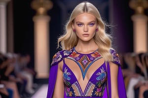 The blonde beauty confidently walks the Valentino runway in a bold purple gown with colorful design pattern, perfect symmetric eyes, stunning look, high-fashion photography, detailed shading, studio lighting, cinematic. High-quality, hyper realistic, hyper detailed, high resolution, incredible composition, amazing depth, imposing, meticulously composed, 8K resolution, masterpiece, perfect contrast, extremely sharp focus, taken on DSLR Canon EOS 5D Mark IV, 85mm lens, sharp focus, intricate details, long exposure time, f/8, ISO 100, shutter speed 1/125, award winning fashion competition.