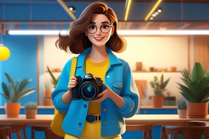 Subject: Pretty girl taking photoshoot with DSLR camera using both hands
Medium: Flat illustration
Style: Vibrant color palette, 90s retro aesthetic
Artist: ArtStation trending artist
Website: ArtStation
Resolution: 8K
Additional details: Professional photgrapher taking snap, facing the camera, brown hair, wearing yellow pant, yellow shirt, blue jacket, shopping mall  background
Color: Vibrant colors
Lighting: Natural lighting,Extremely Realistic,more detail XL,3D,disney pixar style,Expressiveh