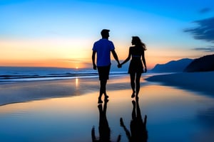 Create a vertical image of true lovers in casuals walking on a beach at evening. Silhouette style, blue sky, shadow reflect on the sand, hyper realistic, hyper detailed, masterpiece, high-quality, high resolution, 8K, UHD, HDR.