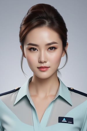 craft a hyper realistic vertical photo of most attractive serious woman in her 30s in Korean Airlines Stewardess blouses, trending on artstation, portrait, digital art, modern, sleek, highly detailed, formal, serious, determined, CEO, colorized, smooth, charming, pretty, soft smile, soft lips, black eyes, Trendsetter wolf cut brown hair, Lucy Watson,