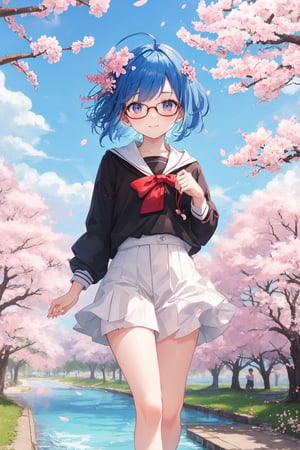 Masterpiece, highest quality, high brightness, 1 boy, blue hair, chibi, cute, cherry_blossom, sakura_blossoms, glasses