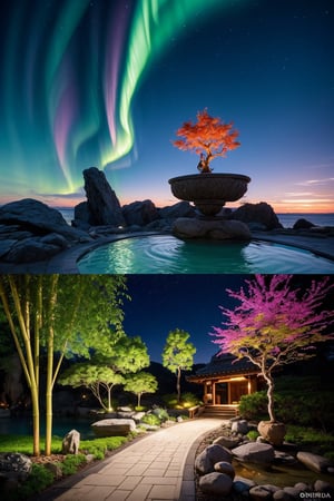 masterpiece, intricate detail, absurd, 4k,
a truly enchanting and magical scene. wonderful zen garden with green bamboo fountains and pebbles, sand, bonsai, transmits calm and relaxation, reconnection with the divinity, immersed in the otherworldly light of a vibrant neon aurora, creating a sense of wonder and mystery, winning photo, ,More Detail