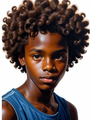 Craft a captivating gouache artwork, portraying a 15-year-old African boy with dark skin and curly hair. The focus is on a close-up of his face. Utilize the opaque and vibrant nature of gouache to intricately capture every nuance. Create a superior gouache art piece that vividly showcases the unique features of his appearance.


