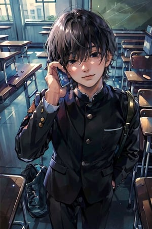 (masterpiece,  best quality:1.4), an painting of Yoshida Hirofumi, holding mobile phone, male, indoor, best hands, perfect hands, tie, uniform, classroom, daylight,High detailed,BOTTOM VIEW,perfect