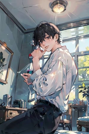 (masterpiece,  best quality:1.4), an painting of Yoshida Hirofumi, male, indoor, best hands, perfect hands, daylight,High detailed,BOTTOM VIEW,perfect,1guy
