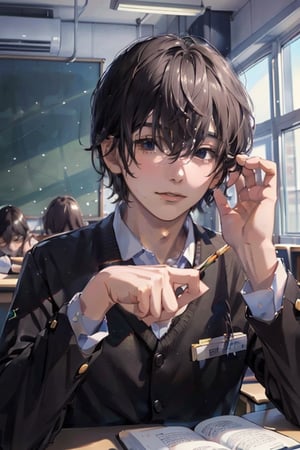 (masterpiece,  best quality:1.4), an painting of Yoshida Hirofumi, male, School Classroom,  best hands, perfect hands, perfect, daylight,High detailed