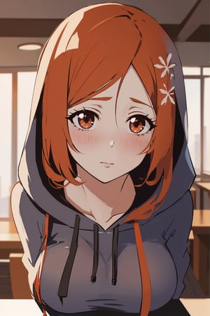 inoue orihime from Bleach,1girl, beautiful,perfect body, perfect face, total body, perfect anatomy,masterpiece, animegirl , sharp focus,
bar background, blushing,(Red cheeks), ((big hoodie))

