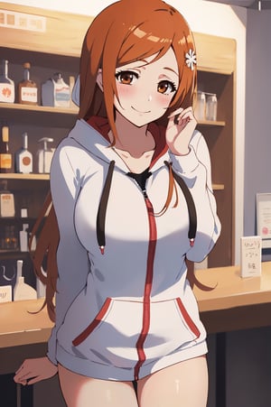 inoue orihime from Bleach,1girl, beautiful,perfect body, perfect face, total body, perfect anatomy,masterpiece, animegirl , sharp focus,
bar background, blushing,(Red cheeks), smile ((big hoodie))


