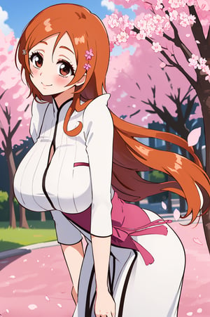 orihime inoue bleach,1girl, beautiful,big breasts , perfect body, perfect face, total body, perfect anatomy,masterpiece, animegirl , sharp focus,cherry blossom in the background,blushing,smile, beautiful dress
