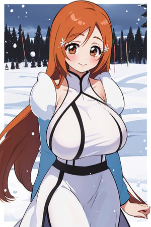 orihime inoue bleach,1girl, beautiful,big breasts , perfect body, perfect face, total body, perfect anatomy,masterpiece, animegirl , sharp focus,winter landscape as background,blushing,smile, Winter dress