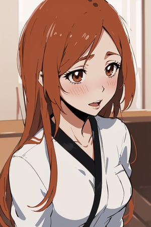 inoue orihime from Bleach,1girl, beautiful,perfect body, perfect face, total body, perfect anatomy,masterpiece, animegirl , sharp focus,
bar background, blushing,(Red cheeks), ((Surprise face))

