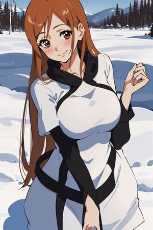 orihime inoue bleach,1girl, beautiful,perfect body, perfect face, total body, perfect anatomy,masterpiece, animegirl , sharp focus,winter landscape as background,blushing,smile, Winter dress