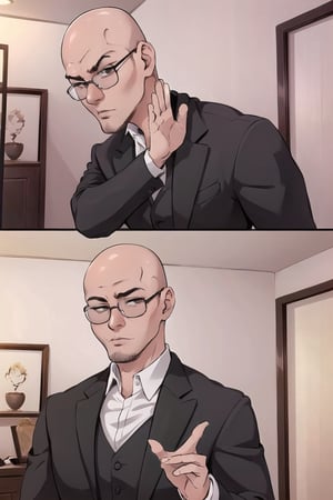 Highly detailed, High Quality, Masterpiece, beautiful, DrakePostingMeme, 2koma, , ded1, photo of ohwx man, (wearing tailored suit),(wearing glasses), best quality, high resolution, beautiful lighting, textured skin, imperfect skin, blonde, bald,perfect,